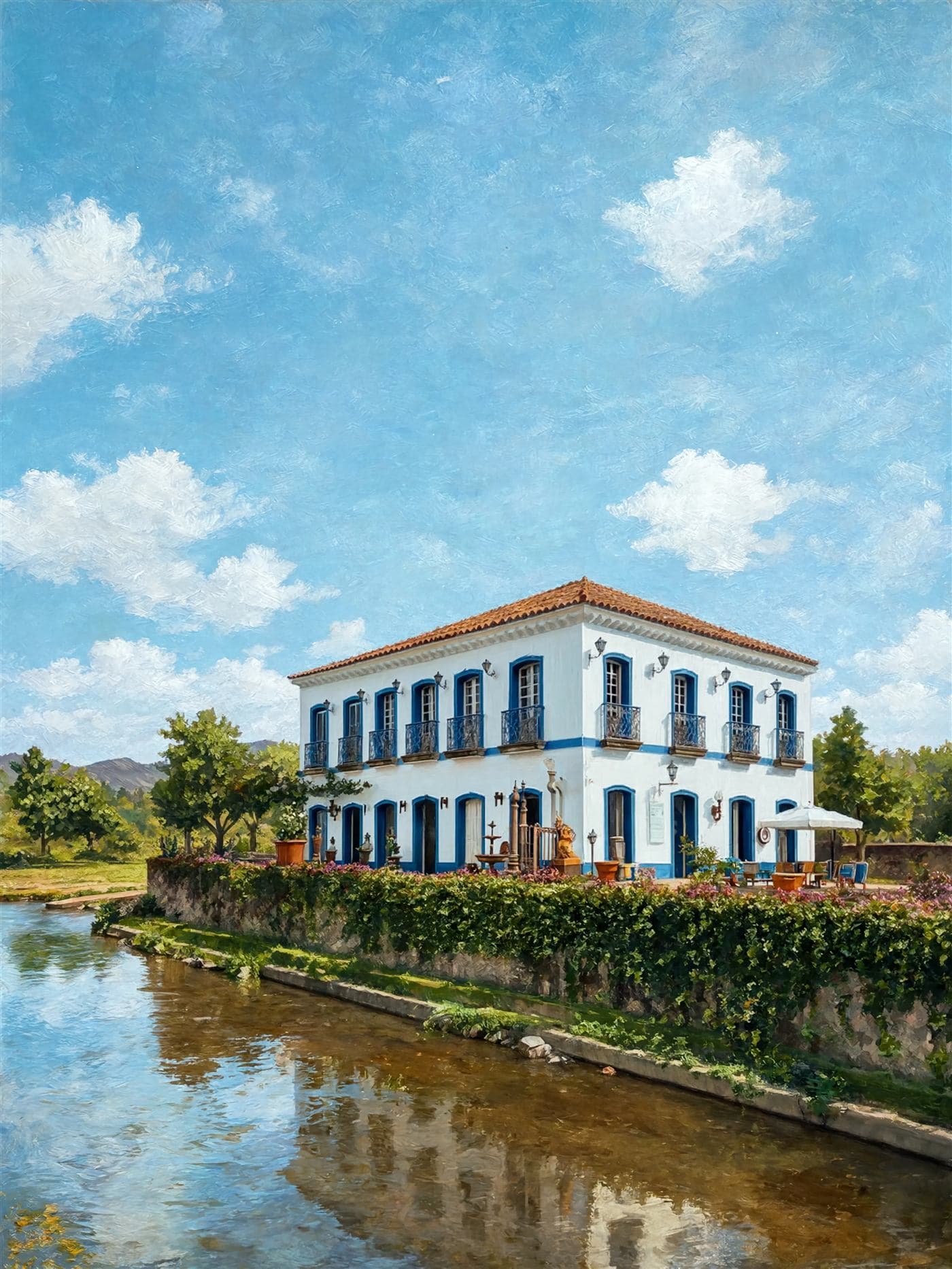 Casarão colonial à beira d'água, estudo em óleo