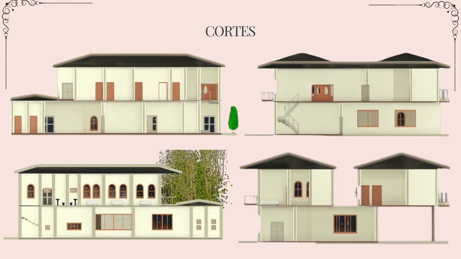Corte, 3D, implantação e fachada 1
