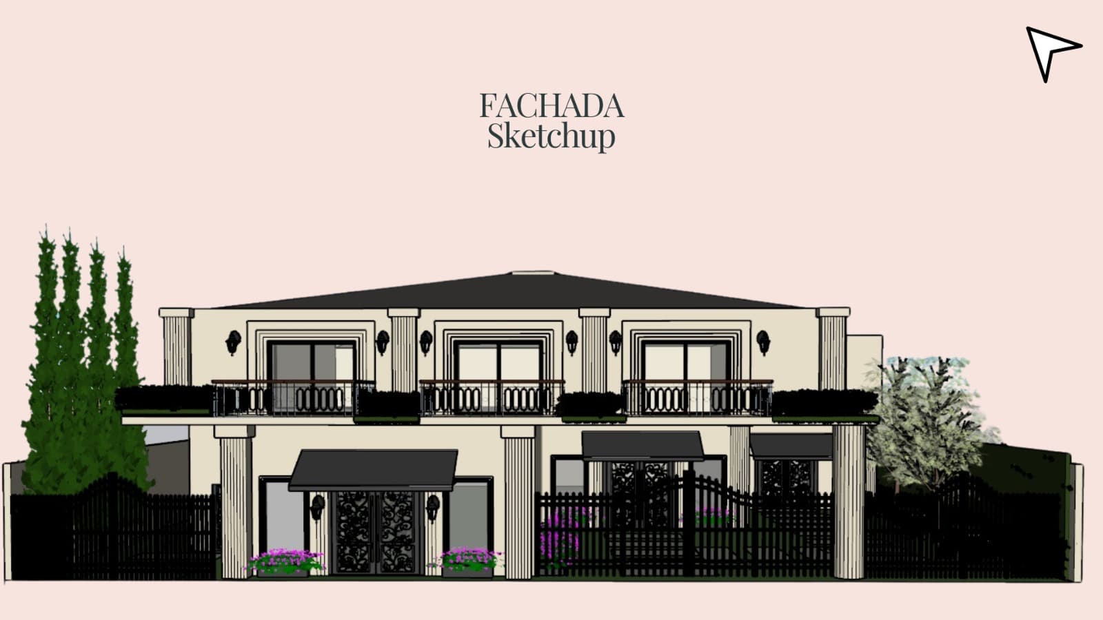 Corte, 3D, implantação e fachada 3